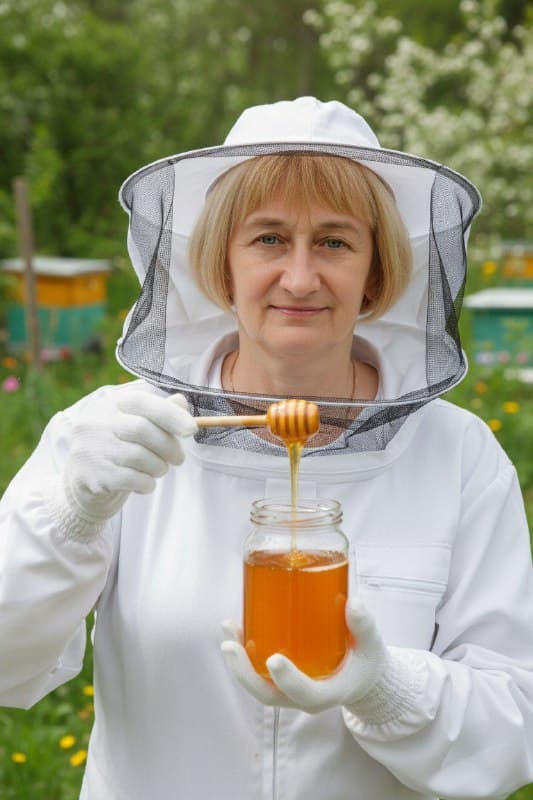 Медовая Лена с баночкой свежего мёда
